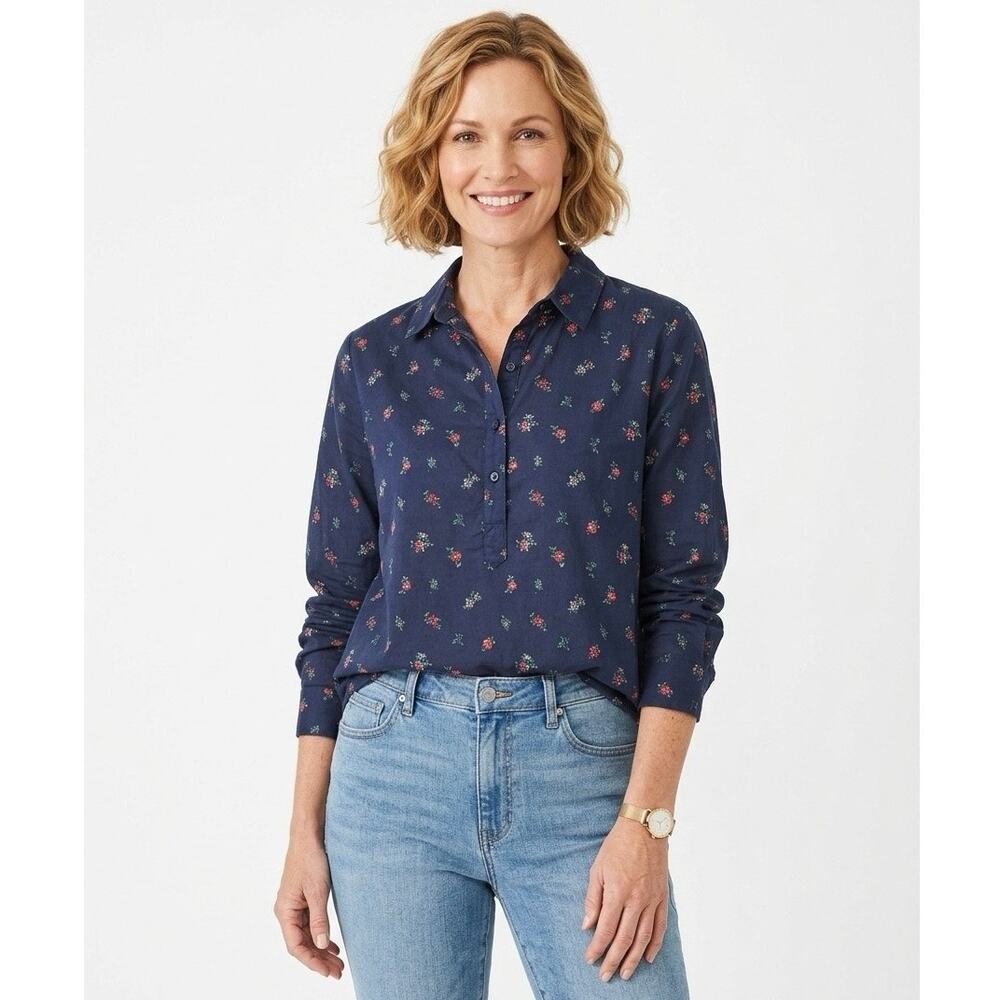 SUNDANCE Women's Large Floral Poppy Bloom Bounce Cotton Popover Button Top Navy